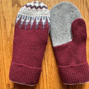 Felted 100% Wool Mittens Handcrafted from Repurposed Sweater.   Burgundy & Gray